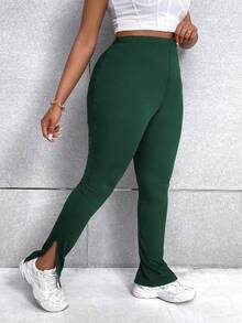 Maweii 大碼下擺開叉緊身打底褲 - 墨綠色 - 查看 3