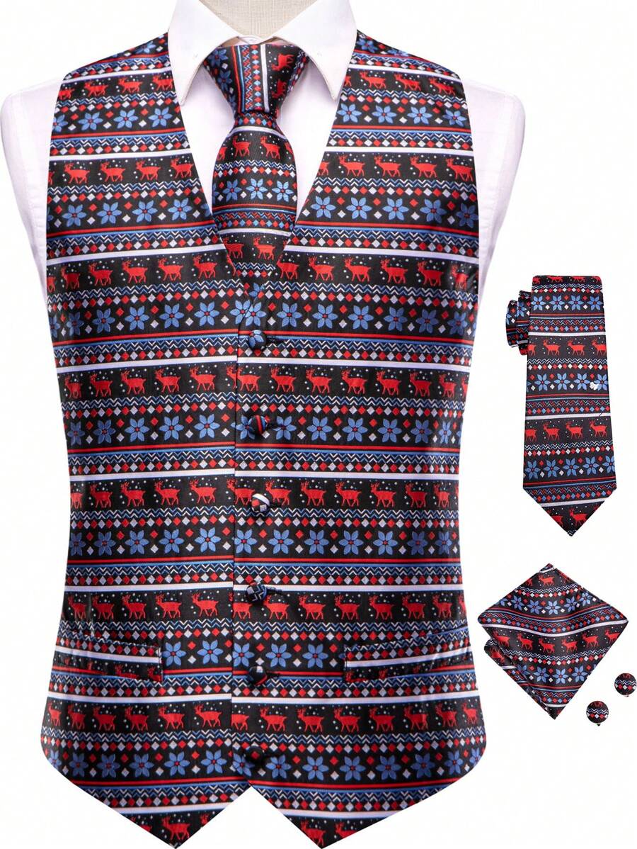 Men's Christmas Pattern Single Breasted Suit Vest - Multicolor - View 1