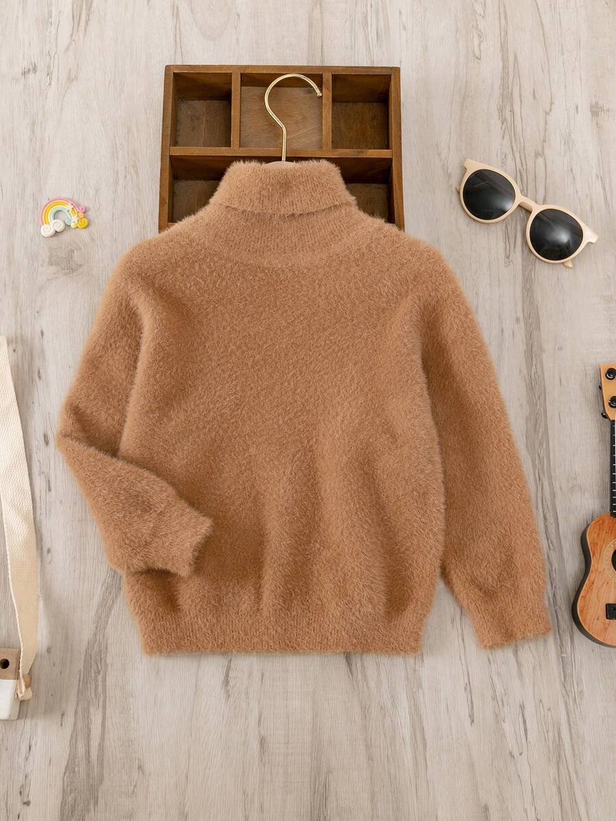 Young Boy Solid Turtleneck Sweater - Brown - View 1
