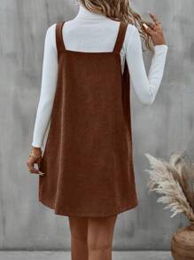 SHEIN LUNE 1入組素色燈芯絨背帶洋裝 - 咖啡棕 - 查看 2