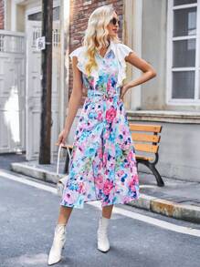 Aveloria Floral Print Ruffle Trim Button Front Shirt Dress With Belt - Multicolor - View 5