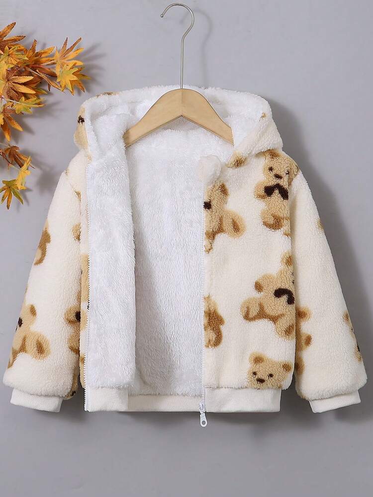 Young Girl Bear Print Thermal Lined Hooded Coat