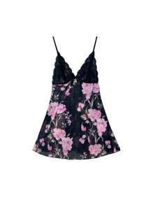 Floral Print Contrast Lace Mesh Cami Nightdress - Multicolor - View 6
