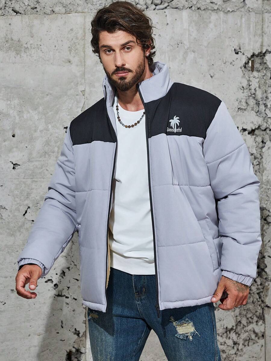 Manfinity Homme Abrigo acolchado con cremallera, bloque de color y gráfico de letras para hombre talla grande