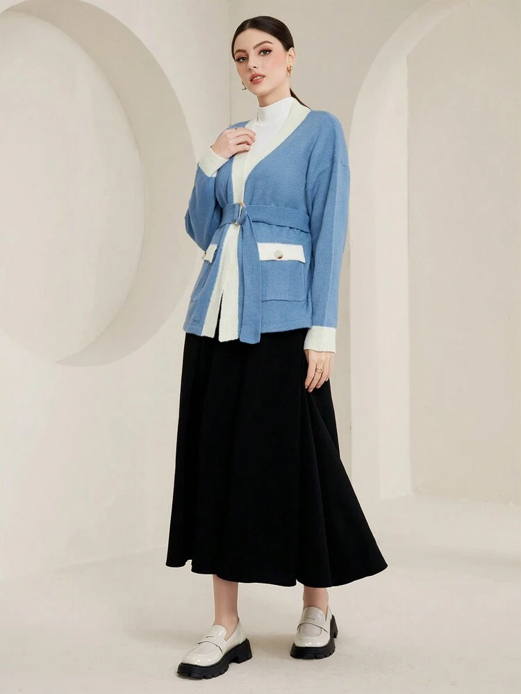 Contrast Trim Drop Shoulder Belted Cardigan