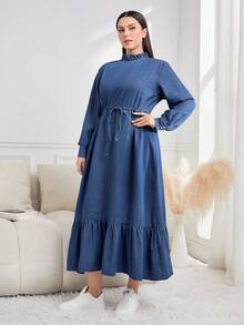 Mulvari Talla grande Vestido mezclilla de cuello con fruncido bajo con fruncido con cinturón - Azul lavado medio - Ver 3