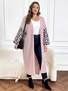 SHEIN LUNE Hơn Hoa văn Báo Thả vai Mở Mặt trước Viền chia cắt Áo len Duster - Hồng - Xem 4