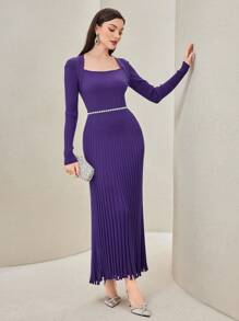 Modelyn Của phụ nữ Cổ vuông Màu thuần Vừa sát người Đồ đan Ribbed Viền tua Hem Đầm Áo len Không có Eo Thắt lưng - Màu tím - Xem 3