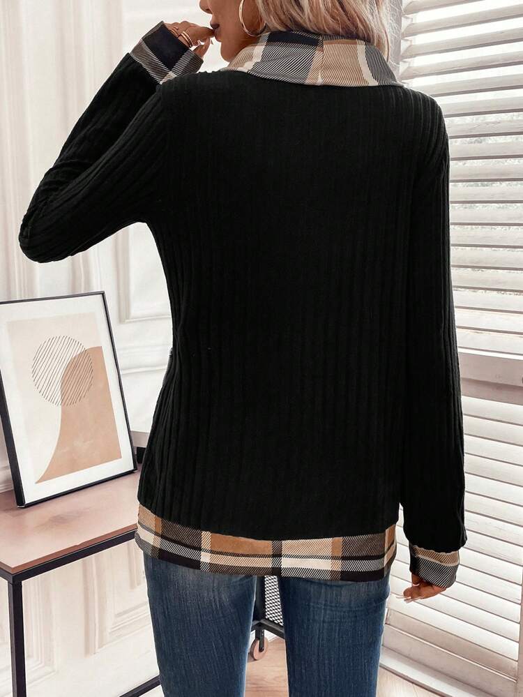 Contrast Plaid Trim Cowl Neck Sweatshirt Pullover Fall Sweatshirt