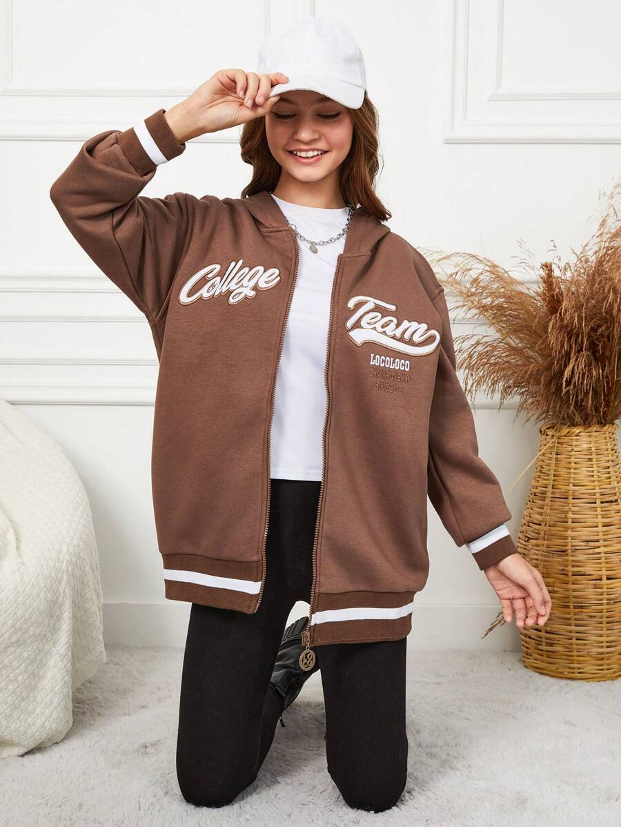 RueChic Teen Girls' Letter Embroidery Zipper Front Hooded Jacket - Brown - View 1
