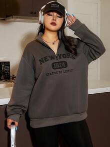 SHEIN EZwear Plus Letter Graphic Drop Shoulder Quarter Zip Sweatshirt - Dark Grey - View 4