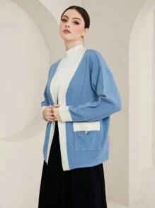 Mulvari 拼接邊落肩袖腰帶開襟衫 - 藍色 - 查看 5