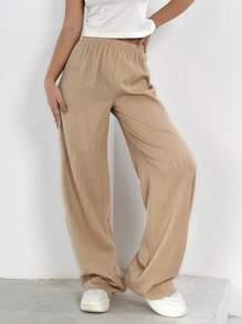 SHEIN Essnce Textured Eo đàn hồi Quần chân thẳng - Màu vàng - Xem 3