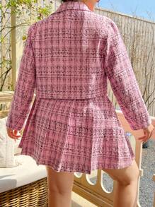Flirla Plus Plaid Print Double Breasted Jacket & Skirt - Pink - View 2