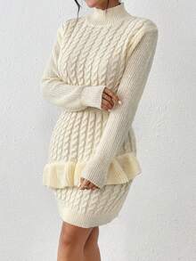 SHEIN Essnce Mock Neck Ruffle Trim Cable Knit Sweater Dress - Apricot - View 3
