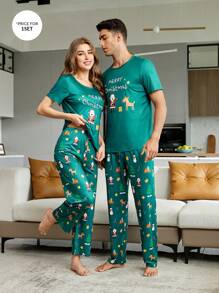 Men's Funny & Cute Green Knitted Christmas Pajama Sets With Cartoon Pattern - Green - View 1