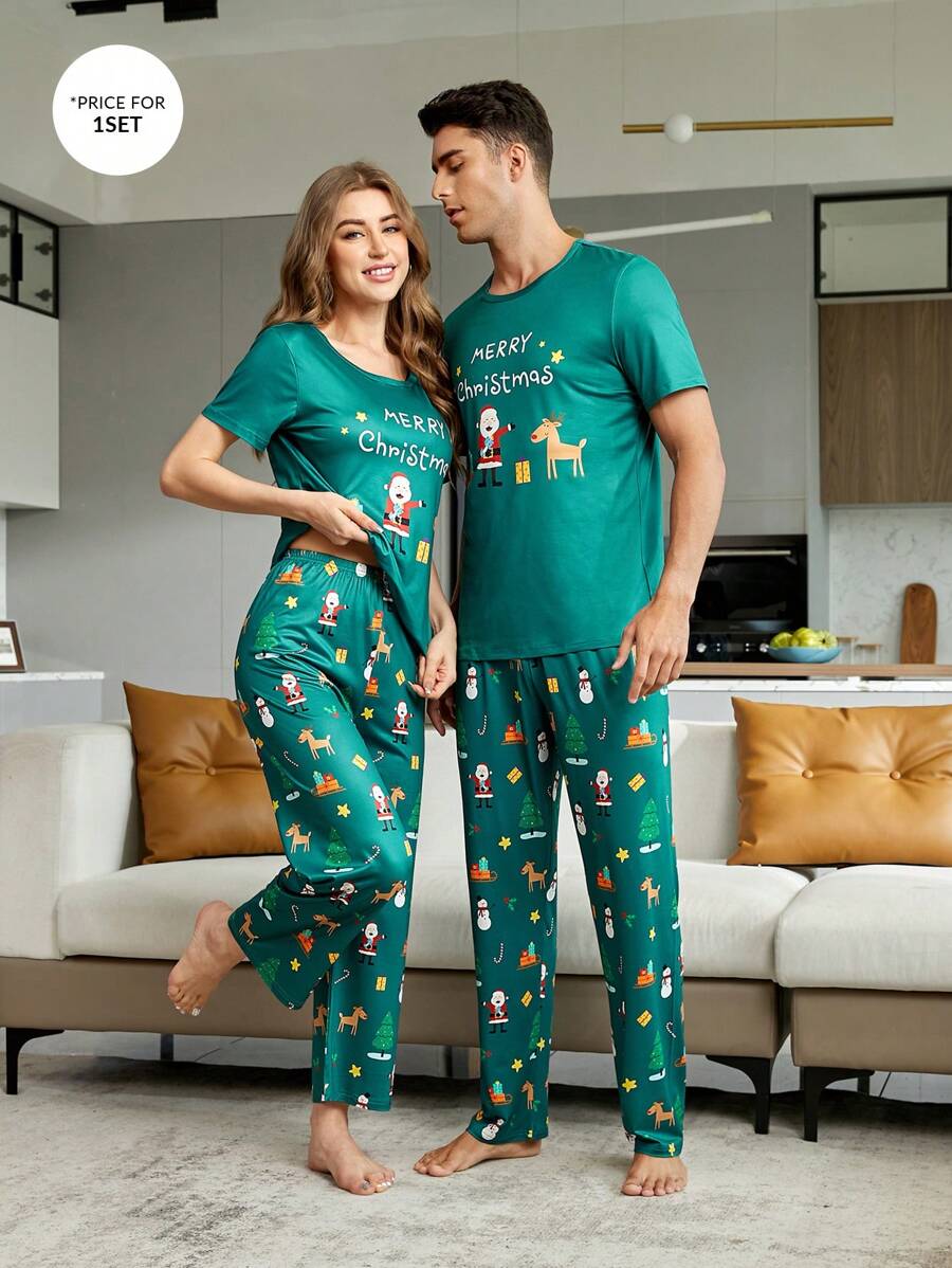 Men's Funny & Cute Green Knitted Christmas Pajama Sets With Cartoon Pattern - Green - View 1