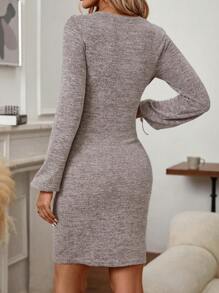 SHEIN Clasi Vestido ajustado tejido jaspeado con nudo delantero - Café integral - Ver 2