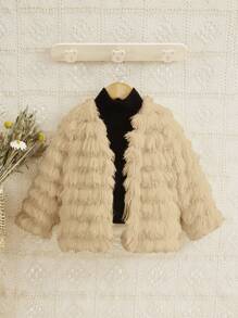 SHEIN Baby Girl Solid Open Front Fuzzy Coat - Apricot - View 1