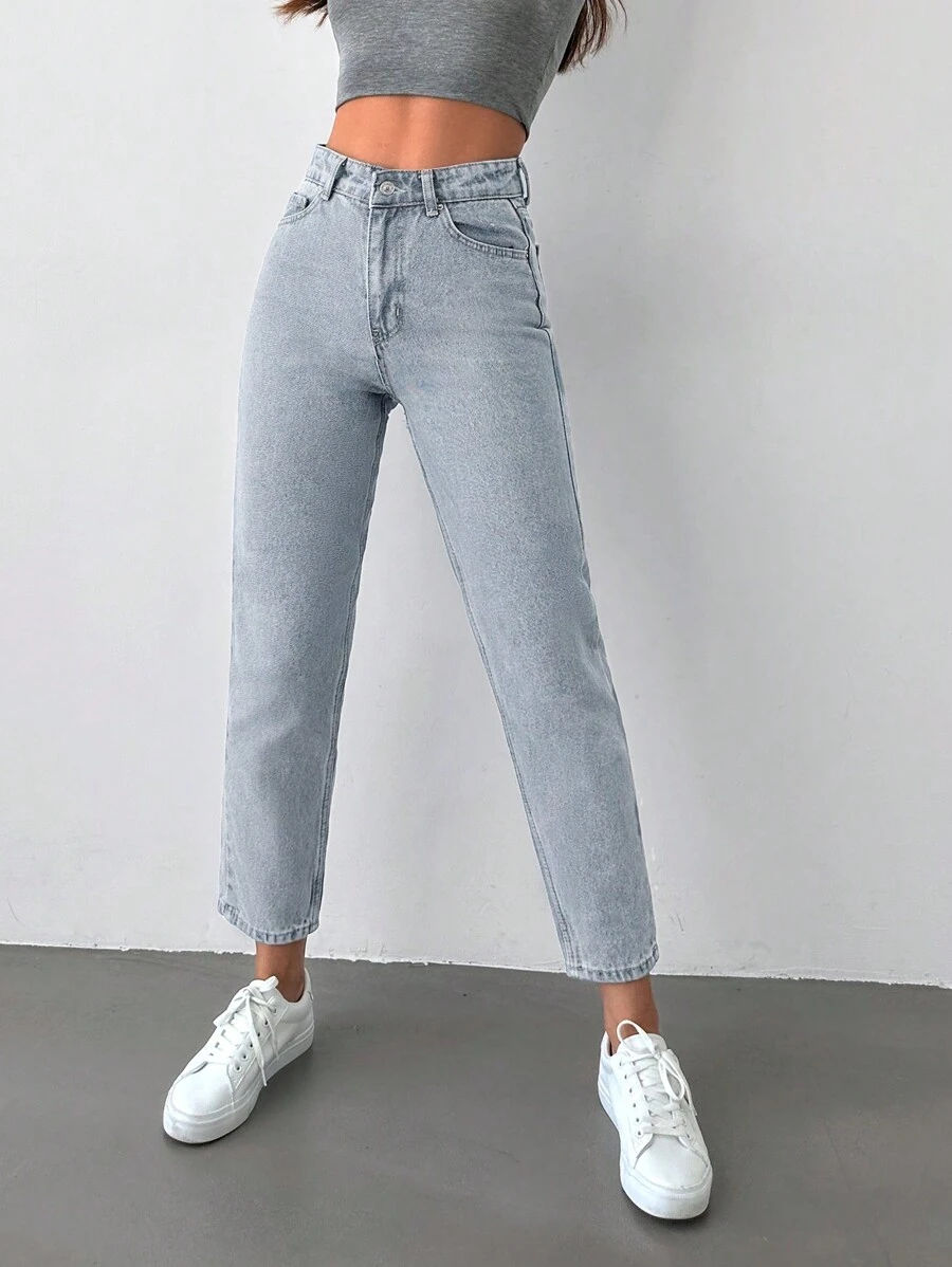 EURMUSE Quý cô Màu thuần Nghiêng Túi Quần jean Tapered - Màu xanh nhạt - Xem 1