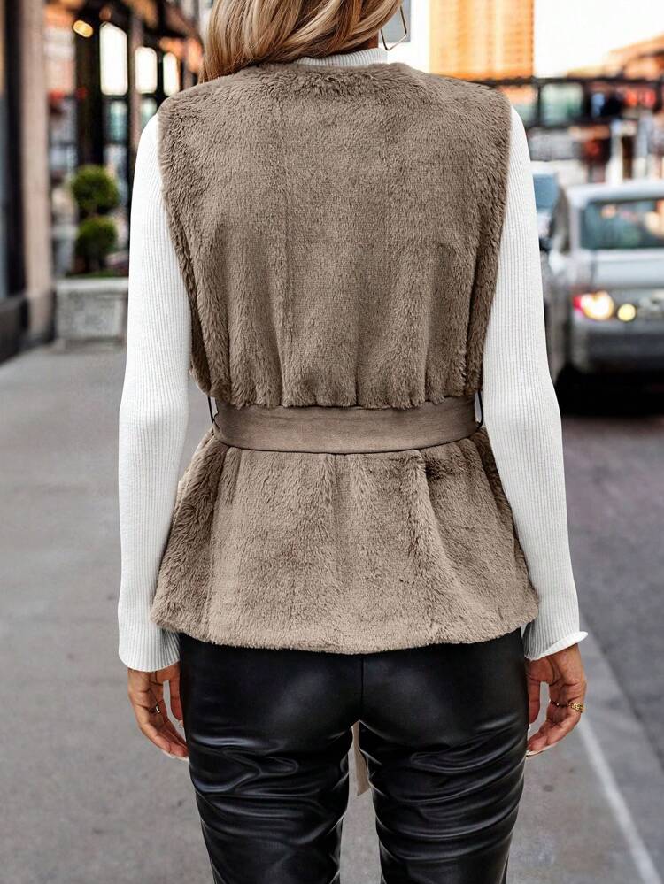 Asymmetrical Hem Belted Fuzzy Coat