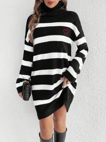 SHEIN Frenchy Striped & Heart Pattern Turtleneck Drop Shoulder Sweater Dress - Black and White - View 1