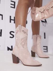 SHUZIA 鑲嵌鑽石裝飾尖頭踝靴 - 米色 - 查看 3