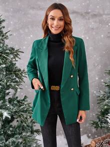 SHEIN BIZwear Lapel Neck Double Breasted Blazer - Dark Green - View 5
