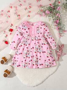 Bebé niña Vestido con estampado de conejo ribete con fruncido - Rosa - Ver 1