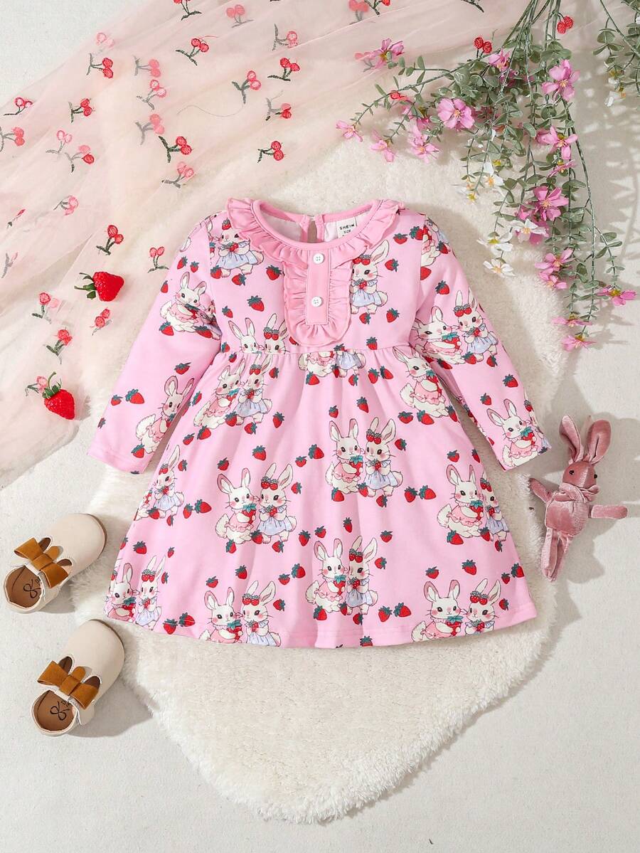 Bebé niña Vestido con estampado de conejo ribete con fruncido - Rosa - Ver 1