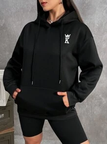 SHEIN EZwear Plus Playing Card Print Drop Shoulder Hoodie - Black - View 3