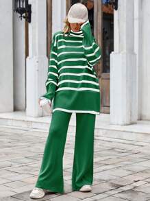 EURMUSE 條紋高領毛衣配開叉寬腿褲套裝,兩件套 - 彩色 - 查看 3
