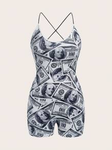 SHEIN ICON 美元圖案露背交叉吊帶連體短褲 - 白色 - 查看 1