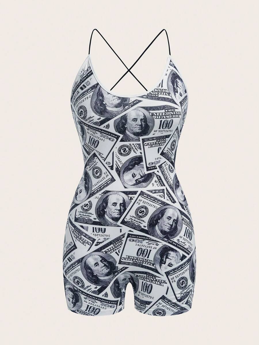 SHEIN ICON 美元圖案露背交叉吊帶連體短褲 - 白色 - 查看 1