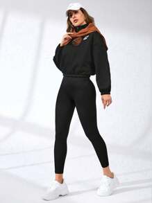 Letter Graphic Half Zip Drop Shoulder Crop Sweatshirt - Black - View 6