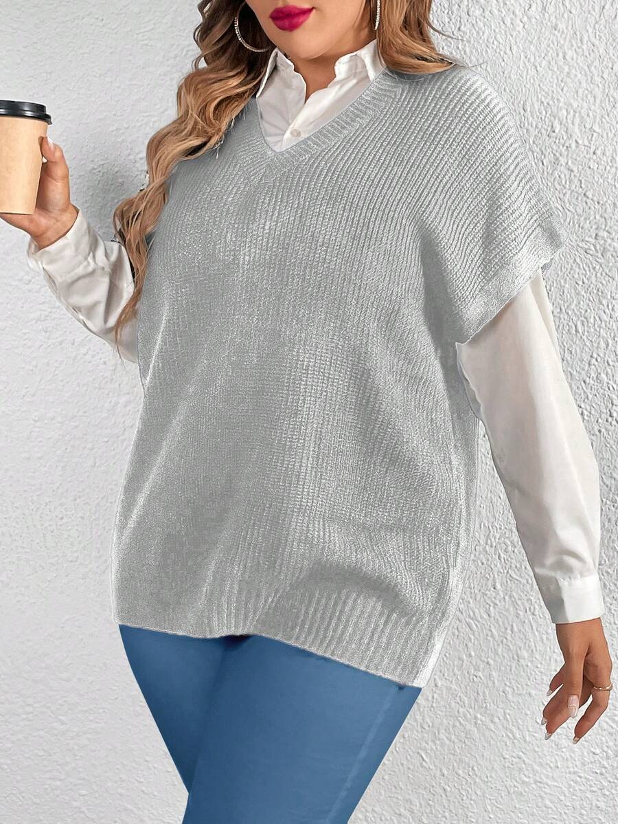 Calvaya Hơn 1 Miếng Chất rắn Cổ v Knit ngọn - Màu Xám nhạt - Xem 1