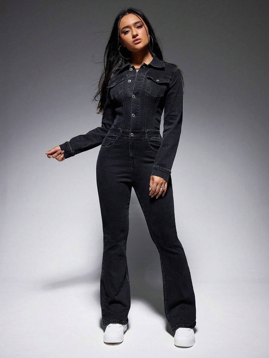 SHEIN EZwear Flap Pocket Flare Leg Denim Jumpsuit