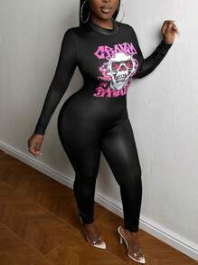 Slaydiva Skull & Letter Graphic Mock Neck Unitard Jumpsuit - Black - View 1