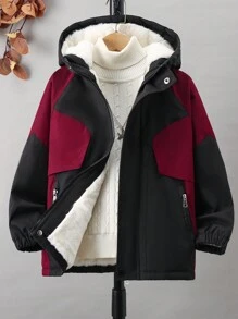 SHEIN 男大童1入組撞色加絨內裏連帽外套 - 黑色 - 查看 1