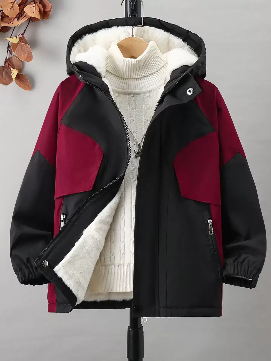 SHEIN 男大童1入組撞色加絨內裏連帽外套 - 黑色 - 查看 1