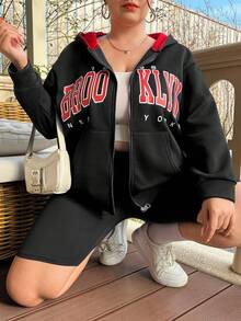 Flirla Plus Letter Graphic Zip Up Drop Shoulder Hoodie - Black - View 5
