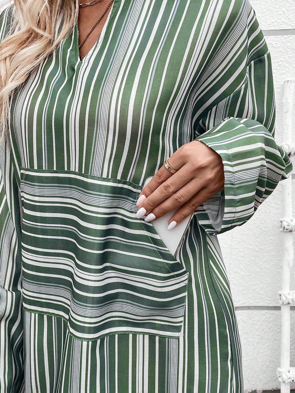 Striped Print Split Thigh Dress Fall Cloth For Women