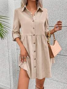 Breezaya Vestido smock de manga enrollada con botón con botón delantero