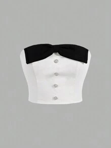 SHEIN MOD 拼接前蝴蝶結紐扣細節抹胸上衣 - 白色 - 查看 1