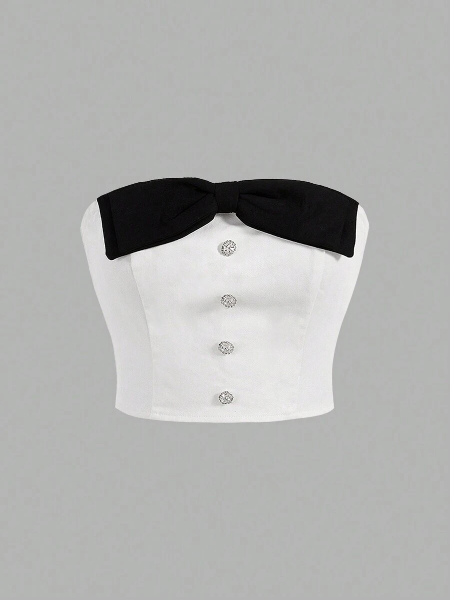SHEIN MOD 拼接前蝴蝶結紐扣細節抹胸上衣 - 白色 - 查看 1