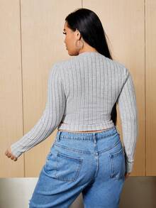 SHEIN EZwear 大尺碼女式鏤空下擺仿舊羅紋 T 卹 - 淺灰色 - 查看 2