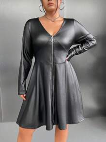 SHEIN Privé Plus Zip Up Flare Hem Dress - Black - View 2