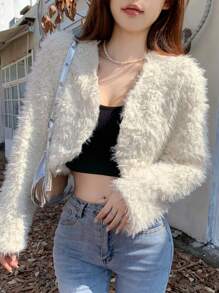 Dazy Star 純色開襟短款泰迪外套 - 白色 - 查看 2