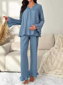 SHEIN Maternity Lace Patchwork Pajamas For Mother - Dusty Blue - View 4