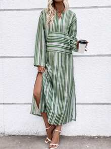 Breezaya Striped Print Split Thigh Dress Fall Cloth For Women - Mint Green - View 1